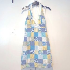 Lilly Pulitzer Blue, Yellow & White Patchwork Halter Backless Dress